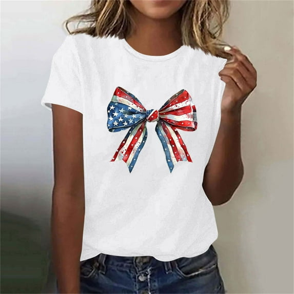 Plus Size Tops for Women Independence Day Printed Short Sleeved Round Neck Casual T-shirt White XL