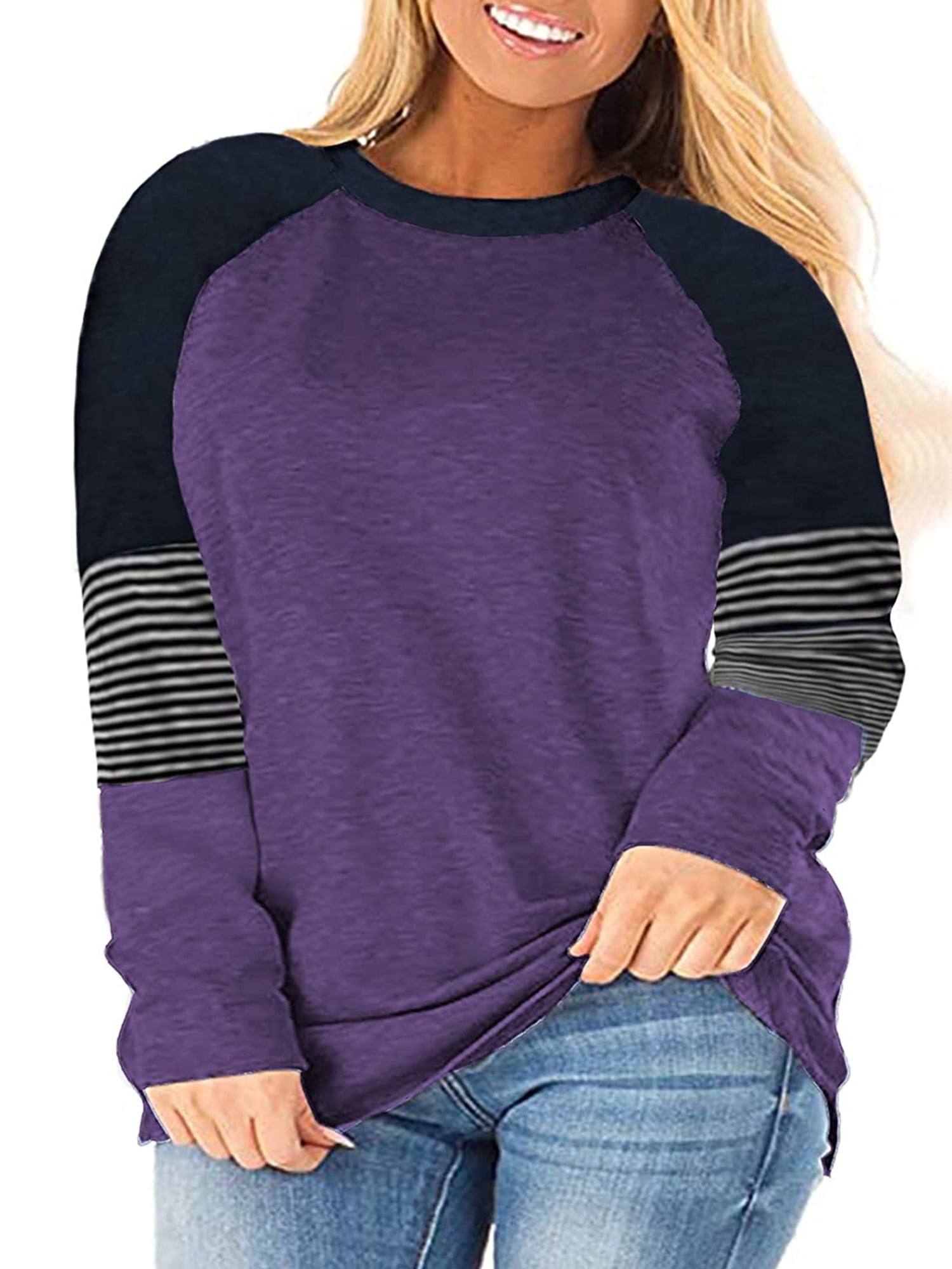 Plus Size Women Summer Casual Colorblock Stripe O-Neck Cotton T-Shirt main image 1