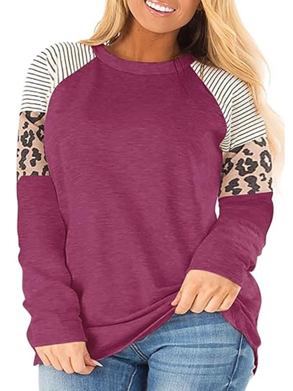 Plus Size Tops for Women Long Sleeve Crewneck Fall Tshirt Shirts Striped Print Fashion Tunic Blouse Tee for Woman Clothing