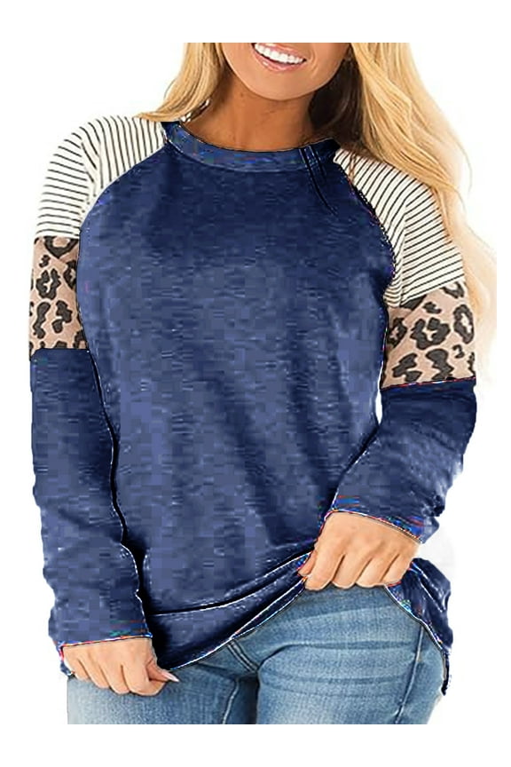 Plus Size Tops for Women Long Sleeve Crewneck Fall Tshirt Shirts Striped Print Fashion Tunic Blouse Tee for Woman Clothing