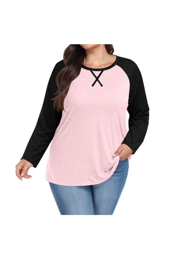 Plus Size Tops for Women Long Sleeve Fall Tunic Color Block Camo/Plaid/Leopard/Fall Blouse Crewneck Tshirt