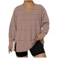 thumbnail image 1 of Plus Size Tops for Women Long Sleeve Plaid Print V Neck Lightweight Sweatshirt Side Split L-5X Loose Casual Shirts (3XL, Khaki-Stripes), 1 of 4