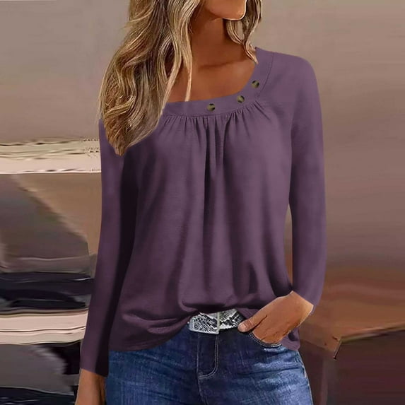 Plus Size Tops for Women Long Sleeve Round Neck Solid Button Comfortable Top Dark Gray M
