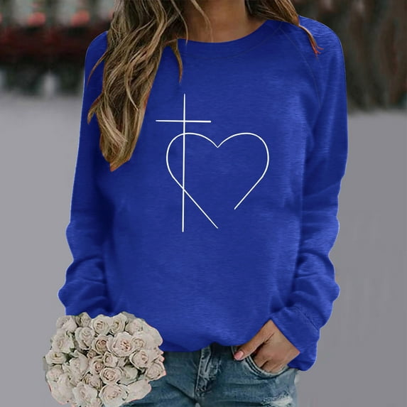 Plus Size Tops for Women Long Sleeved Round Neck Casual Printed Sports Shirt Blue M