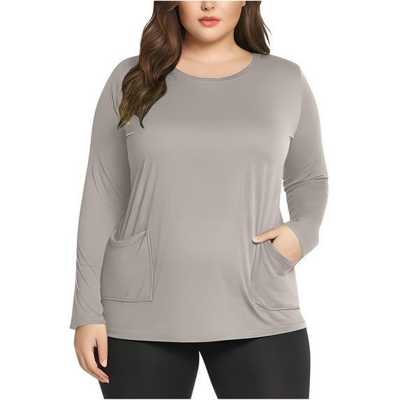 Plus Size Tops for Women Ndbuld Women's Plus Size Long Sleeved Solid Color Bottom Pocket Casual Top Blouse on Clearance L-5XL Khaki 3XL