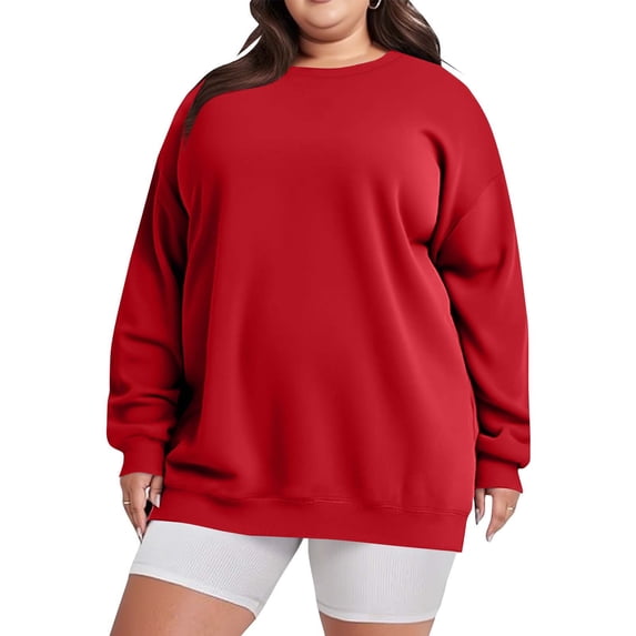 Plus Size Tops for Women Oversized Sweatshirts Crew Neck Casual Sweaters Long Sleeve Solid Color Fashion Basic Tops (L, Red)