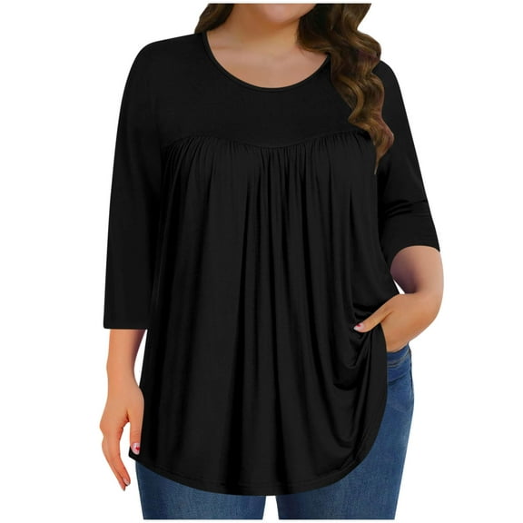 Plus Size Tops for Women Pleated Summer Crewneck 3/4 Sleeve Tees Shirt Loose Business Work Blouses Shirt Fall Clothes