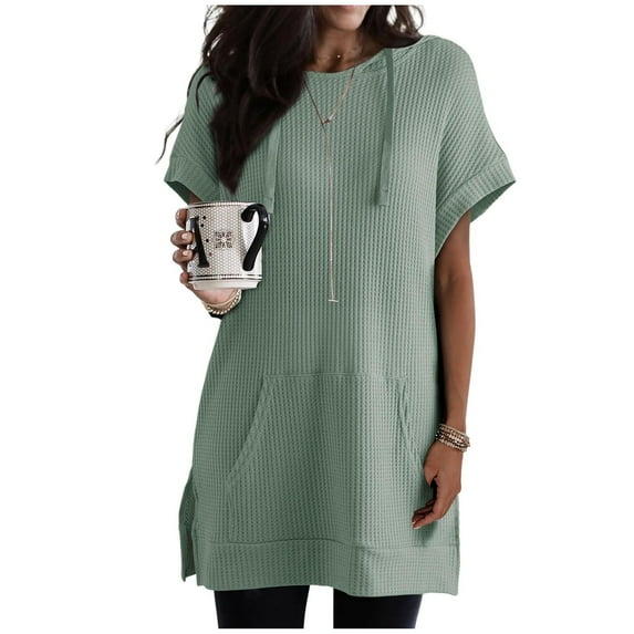 Plus Size Tops for Women Pockets Short Sleeve Hooded Slit Medium Long Blouses