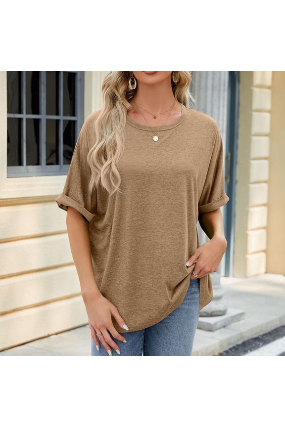 Plus Size Tops for Women Print Short Sleeve Out Funny Round Neck Tank Blouses Khaki L
