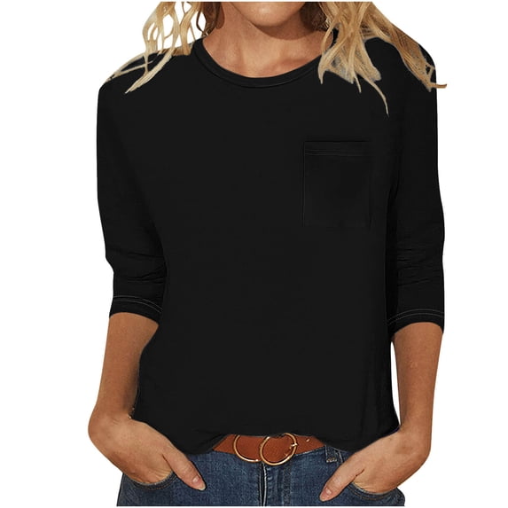 Plus Size Tops for Women Round Neck 3/4 Sleeve Pocket Casual Solid Color Blouses Black S