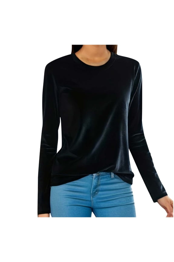 Plus Size Tops for Women Round Neck Velvet Blouse Dressy Long Sleeve Work Shirts Basic Velour Solid Tops