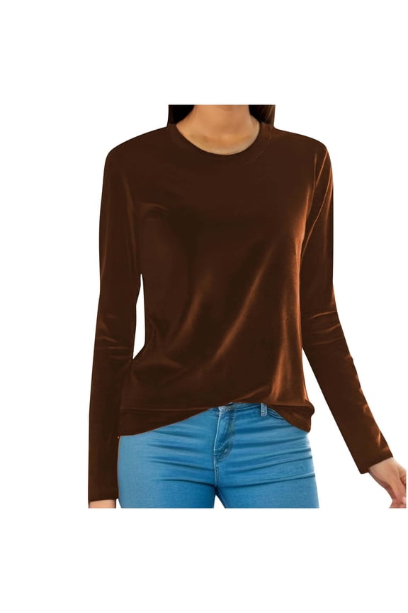 Plus Size Tops for Women Round Neck Velvet Blouse Dressy Long Sleeve Work Shirts Basic Velour Solid Tops