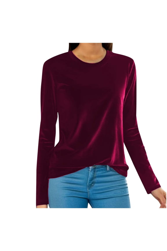 Plus Size Tops for Women Round Neck Velvet Blouse Dressy Long Sleeve Work Shirts Basic Velour Solid Tops
