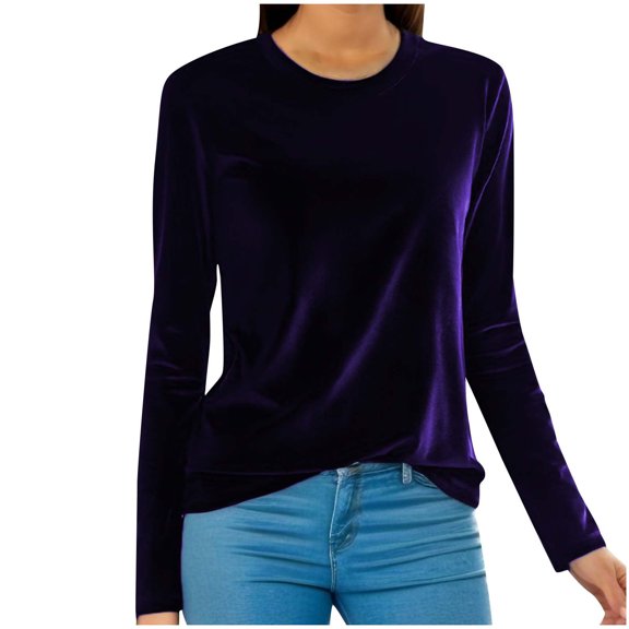 Plus Size Tops for Women Round Neck Velvet Blouse Dressy Long Sleeve Work Shirts Basic Velour Solid Tops