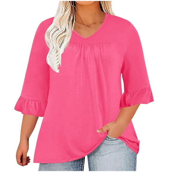Plus Size Tops for Women Ruffled 3/4 Sleeve V Neck Pleated Front Casual Loose T Shirt Solid Color Tees Hot Pink,XXXL