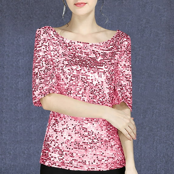 Plus Size Tops for Women Sequin Round Neck Short Sleeve Sloid T Shirts