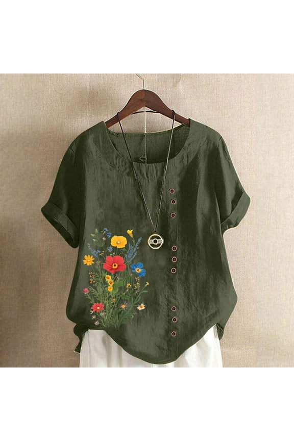 Plus Size Tops for Women Short Sleeve Button Floral Print Casual T-shirt Blouse Army Green XXXXXL