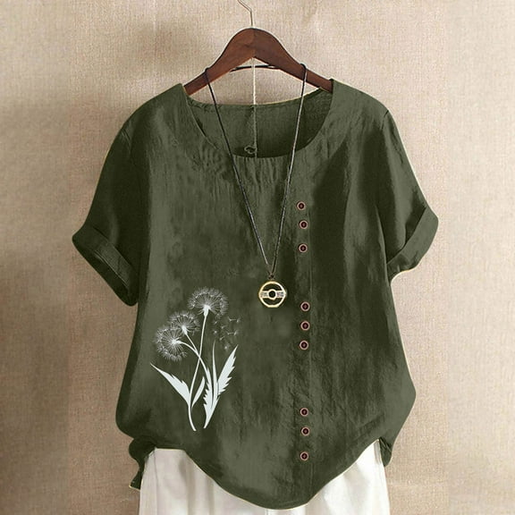 Plus Size Tops for Women Short Sleeve Button Round Neck Casual Floral Printed T-shirt Blouse Army Green XXXXL