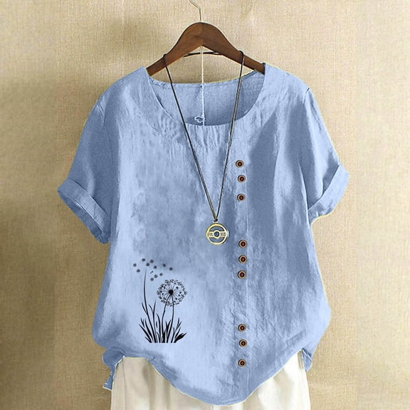Plus Size Tops for Women Short Sleeve Button Round Neck Casual Floral Printed T-shirt Blouse Light Blue XXXXL