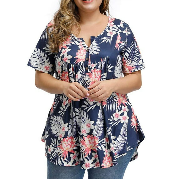 Plus Size Tops for Women Short Sleeve Buttons Up Blouses Flowy Floral Tunic Tops