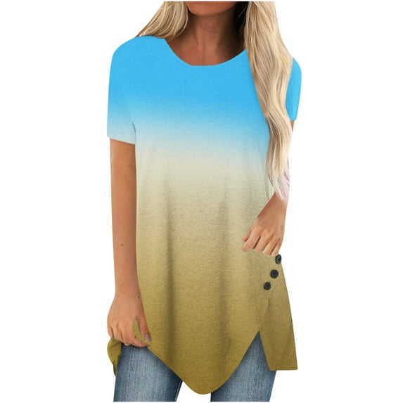 Plus Size Tops for Women Short Sleeve Crewneck Gradient Printed Summer T Shirts Button Irregular Long Oversized Blouses