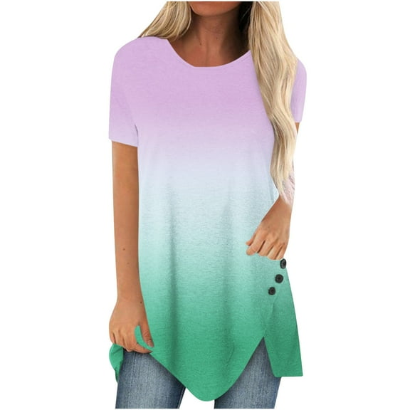 Plus Size Tops for Women Short Sleeve Crewneck Gradient Printed Summer T Shirts Button Irregular Long Oversized Blouses