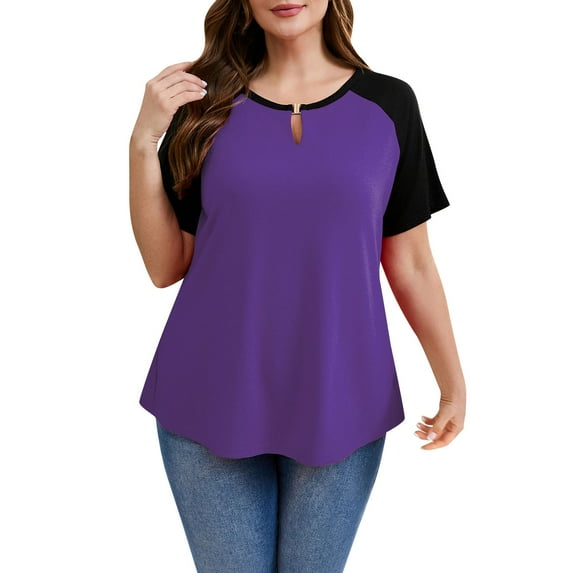 Plus Size Tops for Women Short Sleeve Raglan Tunic Casual Colorblock Shirts Oversized Crewneck eyhole Blouse