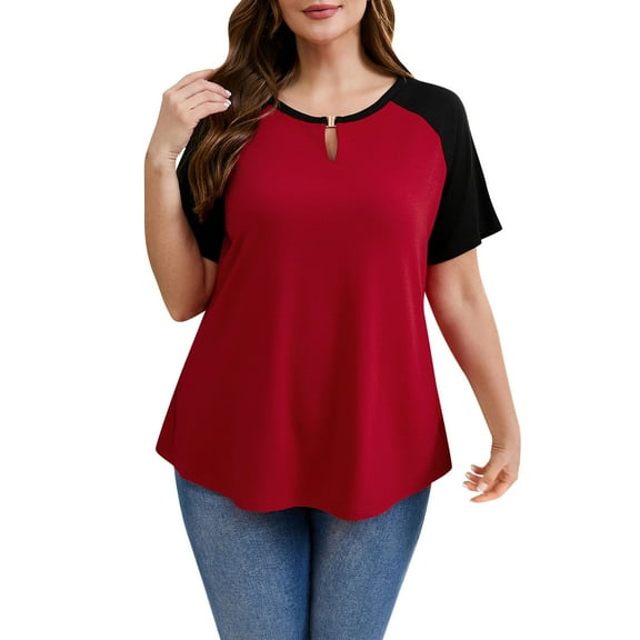 Plus Size Tops for Women Short Sleeve Raglan Tunic Casual Colorblock Shirts Oversized Crewneck eyhole Blouse