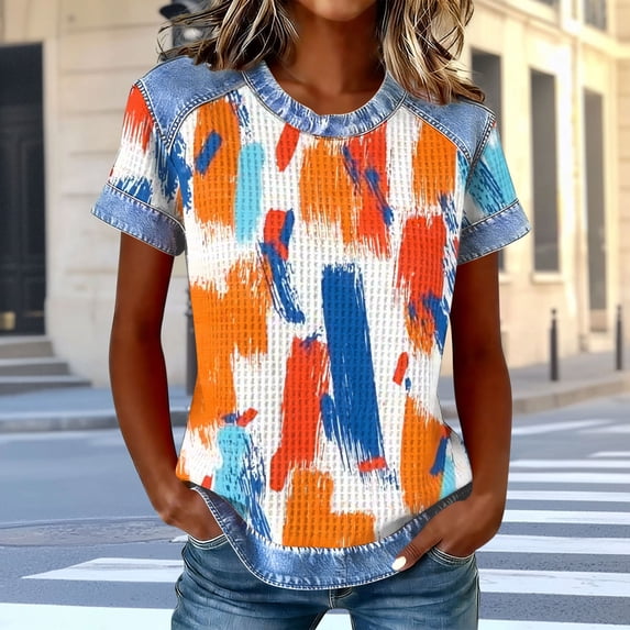 Plus Size Tops for Women Short Sleeve Round Neck Waffle Casual Solid Color Blouse Loose Tops Orange XXXL