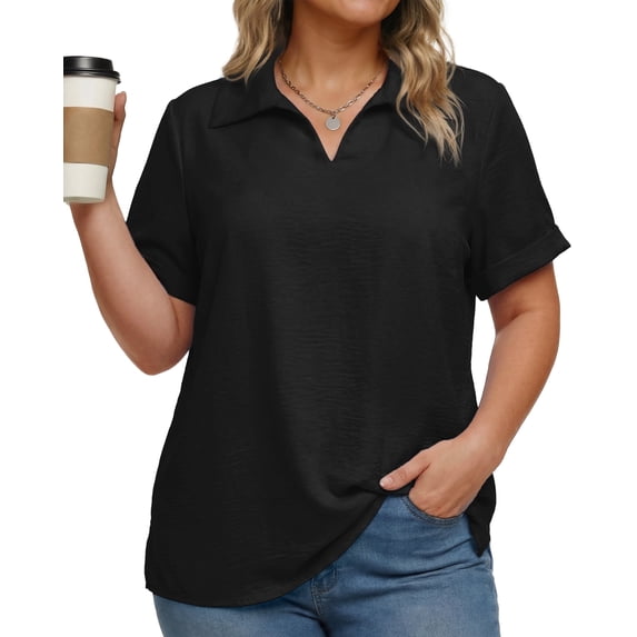 Oryer Womens Plus Size Tops V Neck Trendy Tunic Polo Casual Shirts Short Sleeve Womens Blouses Summer