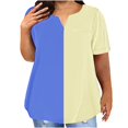 thumbnail image 1 of Plus Size Tops for Women Short Sleeve Solid Color Patchwork V-Neck Casual Loose Blouse Blue 2XL, 1 of 5