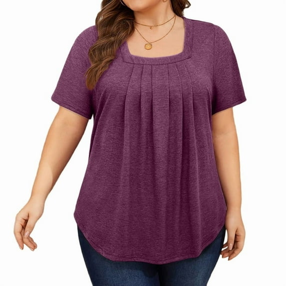 Plus Size Tops for Women Short Sleeve Square Neck Summer Loose Fit Tunic Top for Leggings Wine Red 4XL