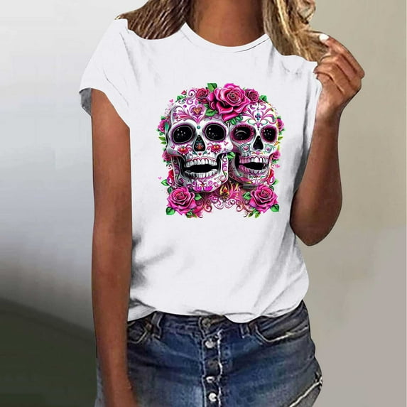 Plus Size Tops for Women Short Sleeved Printed Round Neck T-shirt 7-White L