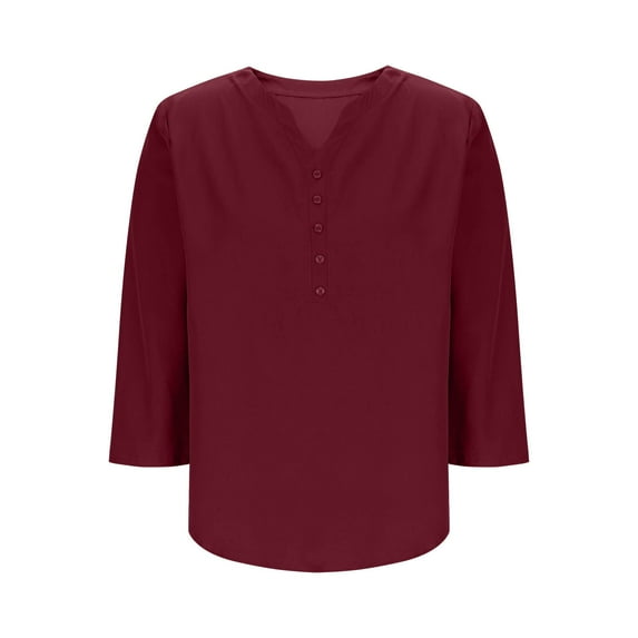 Fall Tops for Women Long Sleeved V-Neck Solid Color Blouses Pullover Top Wine XXXXL
