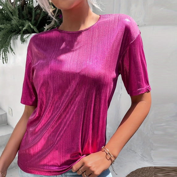 Plus Size Tops for Women Solid Color V-neck Short Sleeved Bright Color Shirt Hot Pink 2XL