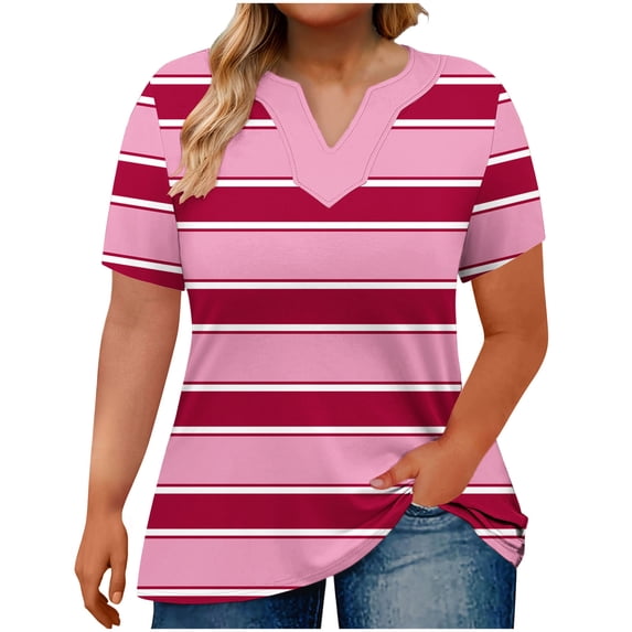 Plus Size Tops for Women Striped Casual V Neck Short Sleeve Color Block T-Shirts Loose Comfortable Tee (3XL, Hot Pink)