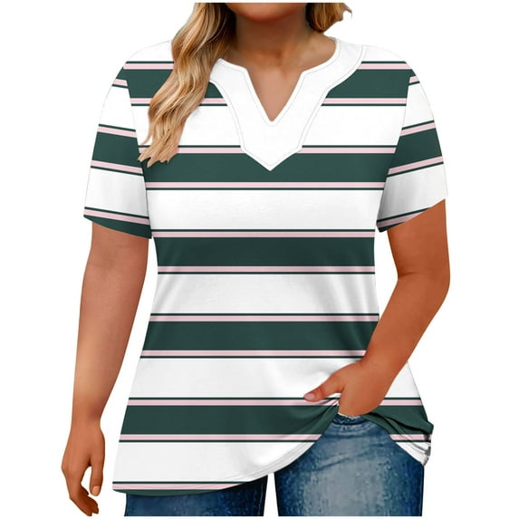 Plus Size Tops for Women Striped Casual V Neck Short Sleeve Color Block T-Shirts Loose Comfortable Tee (5XL, Army Green)
