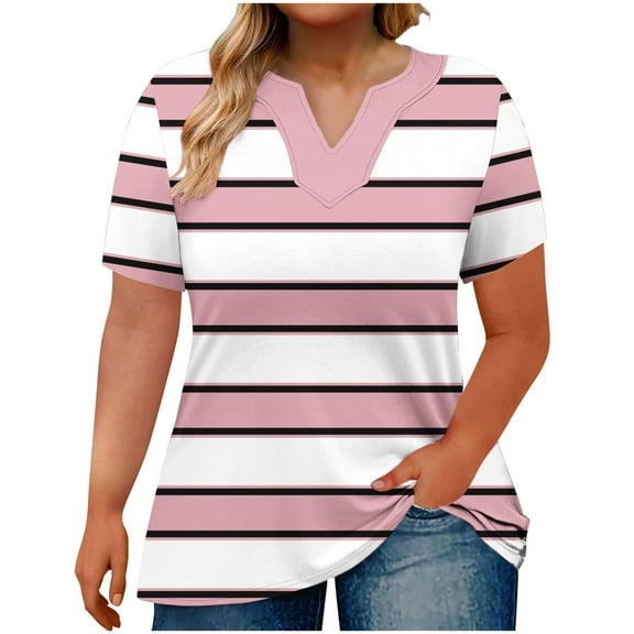 Plus Size Tops for Women Striped Casual V Neck Short Sleeve Color Block T-Shirts Loose Comfortable Tee (XL, Pink)