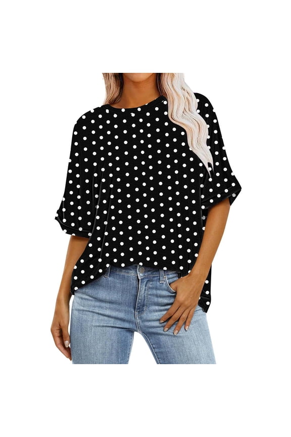 Plus Size Tops for Women Summer Casual 3/4 Sleeve Crewneck Loose Shirts Soft Polka Dots Printed Top