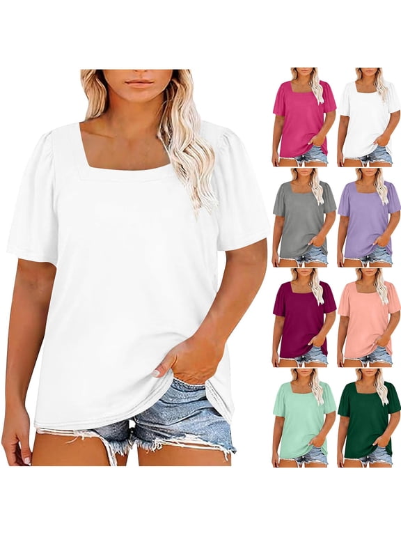 Plus Size Tops for Women Summer Casual Tees 1X-5X Square Neck Short Sleeve Solid T-shirts, White XL