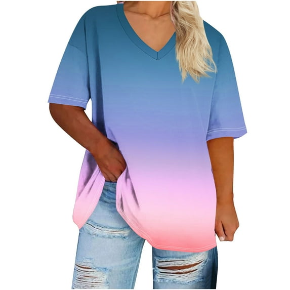Plus Size Tops for Women Summer Casual V Neck Short Sleeve Gradient Color T-Shirts Loose Comfortable Tee (4XL, Blue)