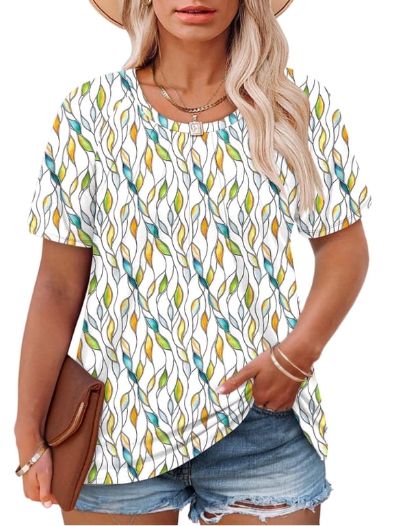 Plus Size Tops for Women Summer Dressy Crew Neck Shirts Trendy Short Sleeve Tees Casual Going Out Pleated Tunics 2X Floral