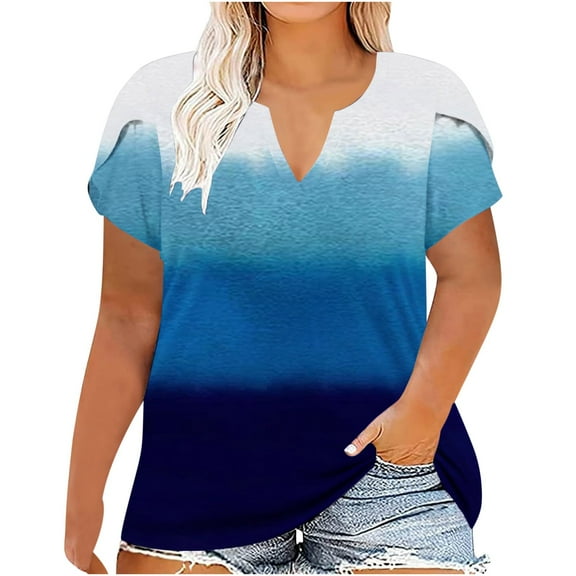 Plus Size Tops for Women Summer Petal Sleeve V Neck Dressy Casual T Shirts Trendy Print Loose Tunic Tops Blouses