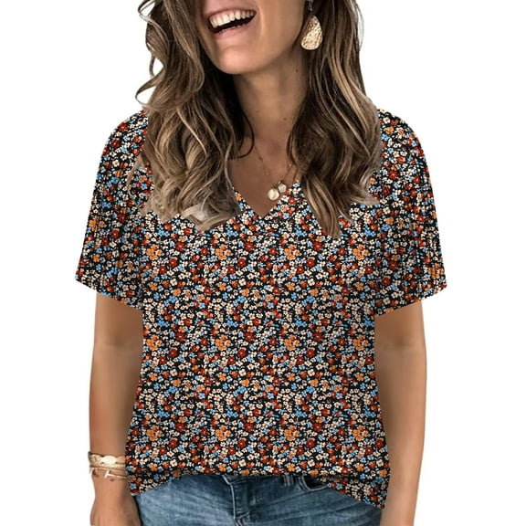 Plus Size Tops for Women Summer Short Sleeve Shirts Dressy V Neck Trendy Classic Floral Graphic Tunics 5X YH003