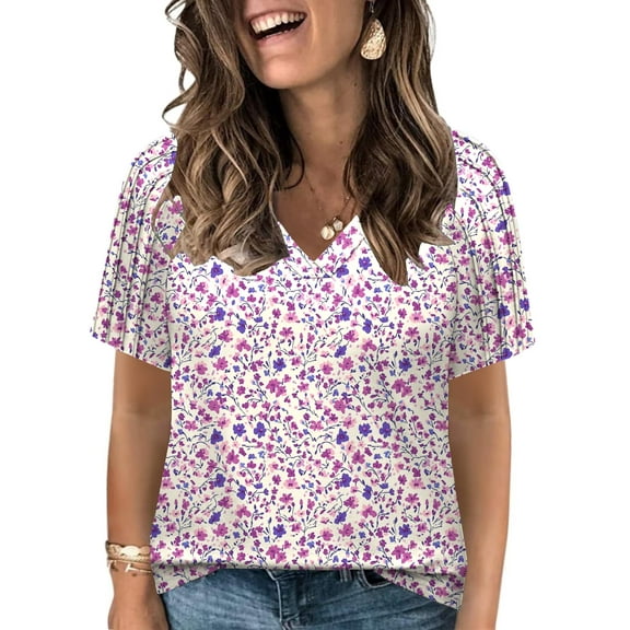 Plus Size Tops for Women Summer Short Sleeve T Shirts Dressy V-Neck Casual Loose Fit Floral Blouses 2X YH002