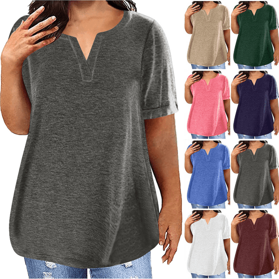 Plus Size Tops for Women Summer Top Loose Fit Tee Shirts V Neck Short Sleeve Blouse Cute Tops for Women Gray 3XL