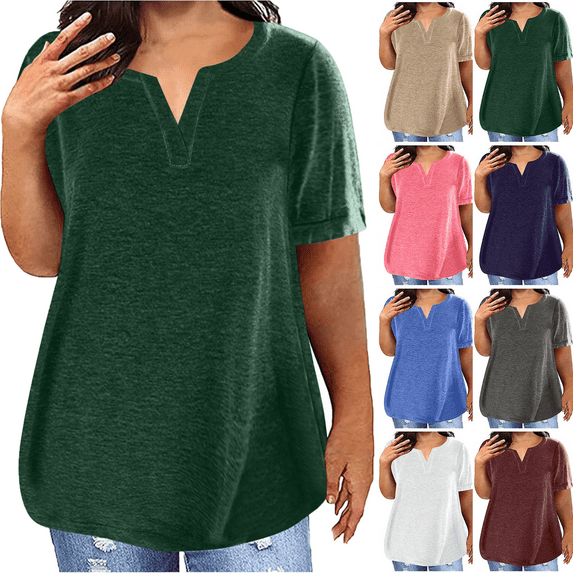 Plus Size Tops for Women Summer Top Loose Fit Tee Shirts V Neck Short Sleeve Blouse Spring Tops for Women Army Green S