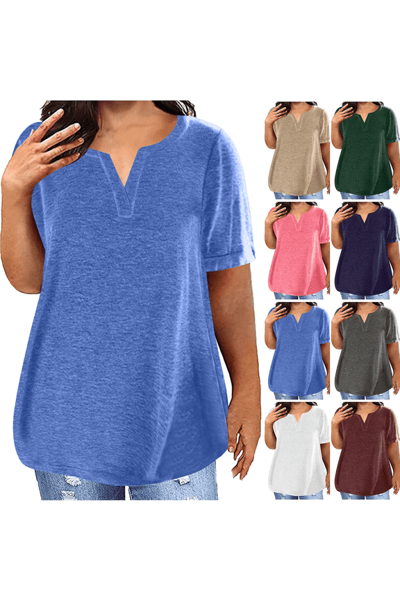 Plus Size Tops for Women Summer Top Loose Fit Tee Shirts V Neck Short Sleeve Blouse Spring Tops for Women Blue 5XL