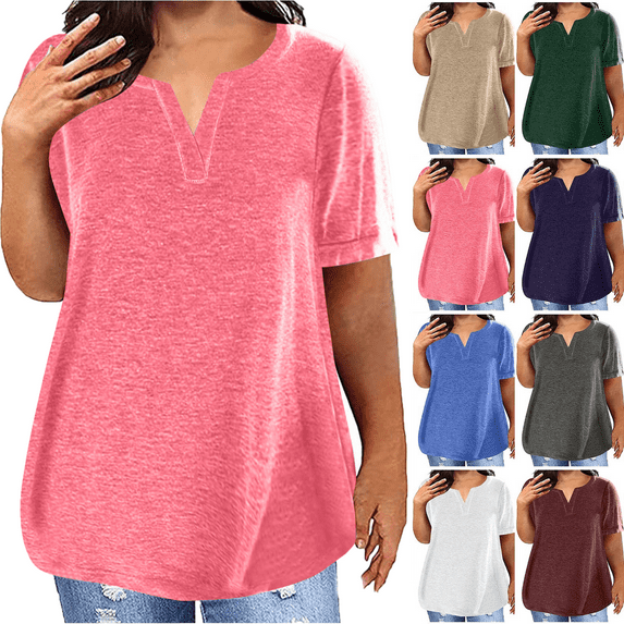 Plus Size Tops for Women Summer Top Loose Fit Tee Shirts V Neck Short Sleeve Blouse Spring Tops for Women Pink XL