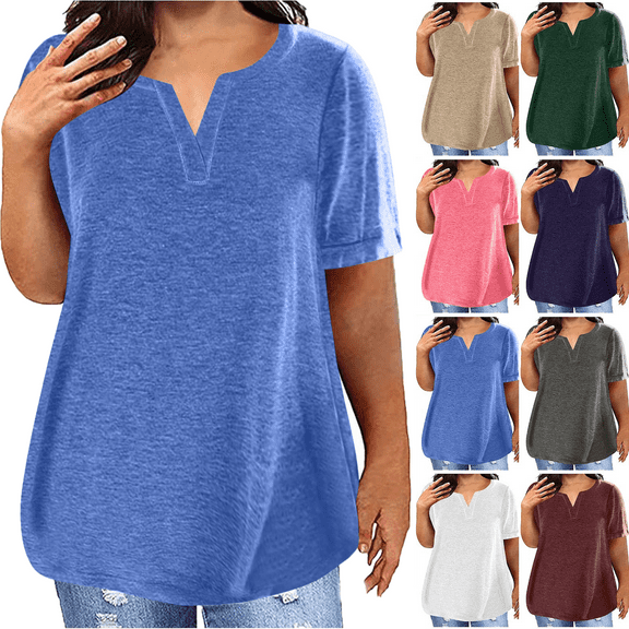 Plus Size Tops for Women Summer Top Loose Fit Tee Shirts V Neck Short Sleeve Blouse Summer Tops for Women Blue M